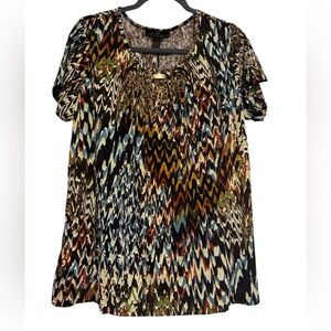 80 Park Women’s Abstract Chevron Ikat Blouse – Short Sleeve Multicolor Size 1X